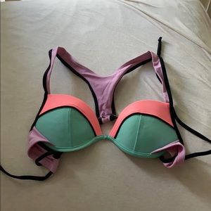 orange, teal and light purple bikini top